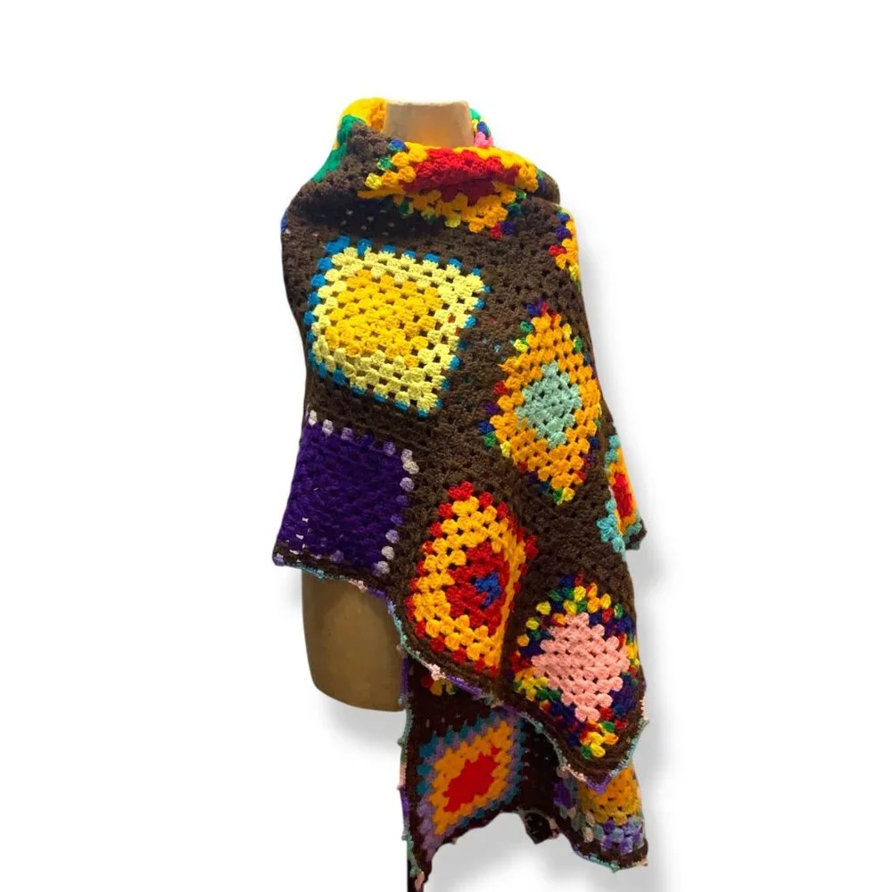 Handcrafted Colorful Crochet Granny Square Wrap Shawl Brown Base Boho Cottagecor